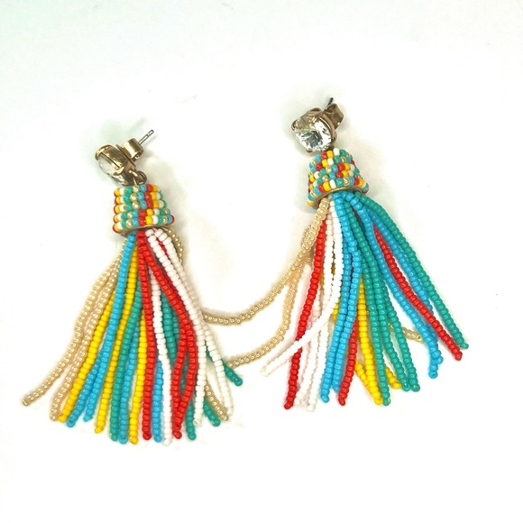 JCrew Rhinestone Beaded Tassel Earrings Multicolored - Picture 2 of 2